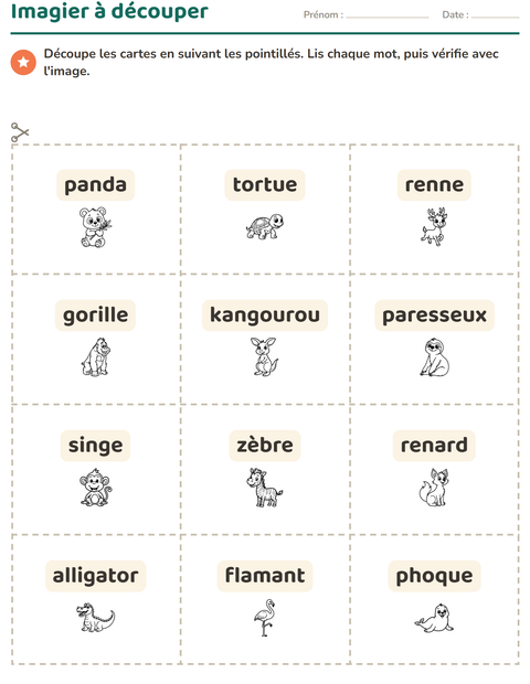 Aperçu de la fiche Imagier avec Animaux du zoo NB pour École maternelle (grande section, 5-7 ans)