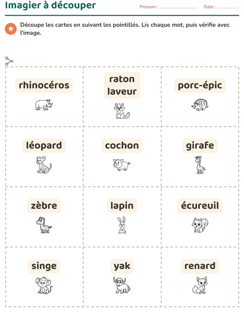 Aperçu de la fiche Imagier avec Animaux NB 2 pour École maternelle (grande section, 5-7 ans)