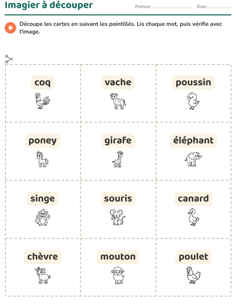 Aperçu de la fiche Imagier avec Animaux NB 4 pour École maternelle (grande section, 5-7 ans)