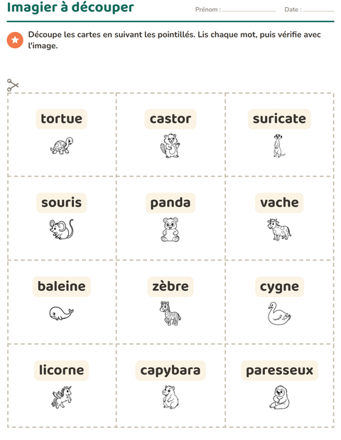 Aperçu de la fiche Imagier avec Animaux NB pour École maternelle (grande section, 5-7 ans)