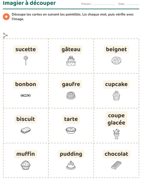 Aperçu de la fiche Imagier avec Dessert (N&B) pour École maternelle (grande section, 5-7 ans)