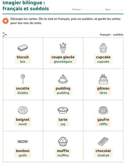 Aperçu de la fiche Imagier avec Dessert (N&B) pour École maternelle (grande section, 5-7 ans)