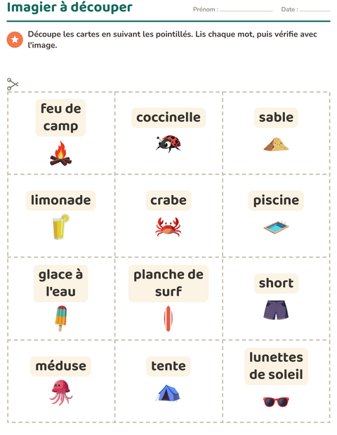 Aperçu de la fiche Imagier avec Été pour École maternelle (grande section, 5-7 ans)