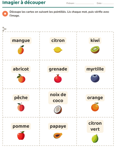 Aperçu de la fiche Imagier avec Fruits pour École maternelle (grande section, 5-7 ans)