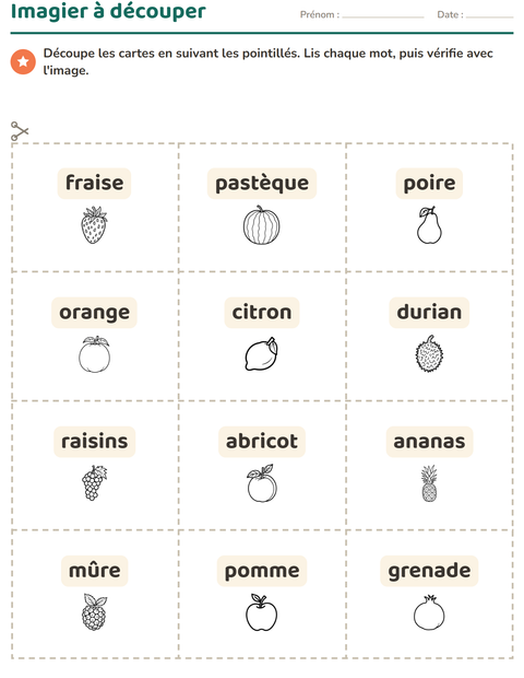 Aperçu de la fiche Imagier avec Fruits NB pour École maternelle (grande section, 5-7 ans)