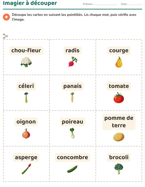 Aperçu de la fiche Imagier avec Légumes pour École maternelle (grande section, 5-7 ans)