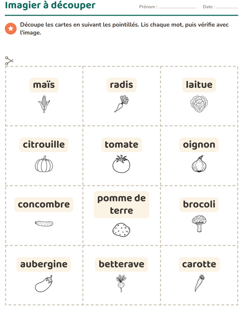 Aperçu de la fiche Imagier avec Légumes NB pour École maternelle (grande section, 5-7 ans)