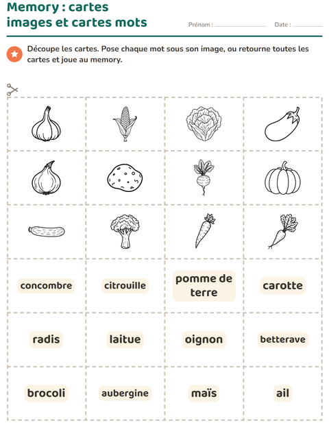 Aperçu de la fiche Imagier avec Légumes NB pour École maternelle (grande section, 5-7 ans)