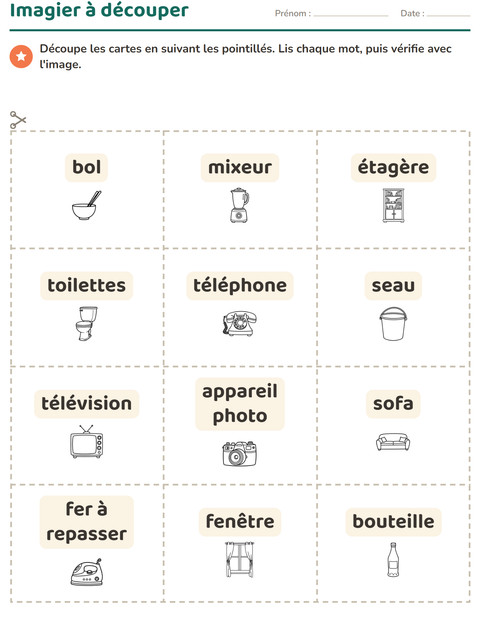 Aperçu de la fiche Imagier avec Ménage NB pour École maternelle (grande section, 5-7 ans)