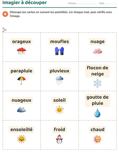 Aperçu de la fiche Imagier avec Météo pour École maternelle (grande section, 5-7 ans)