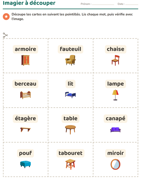Aperçu de la fiche Imagier avec Meubles pour École maternelle (grande section, 5-7 ans)