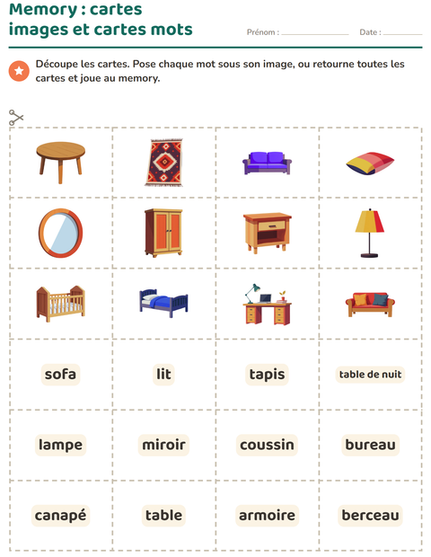 Aperçu de la fiche Imagier avec Meubles pour École maternelle (grande section, 5-7 ans)