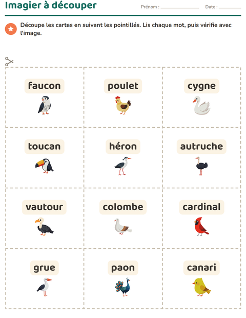 Aperçu de la fiche Imagier avec Oiseaux 2 pour École maternelle (grande section, 5-7 ans)