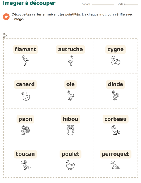 Aperçu de la fiche Imagier avec Oiseaux N&B 2 pour École maternelle (grande section, 5-7 ans)