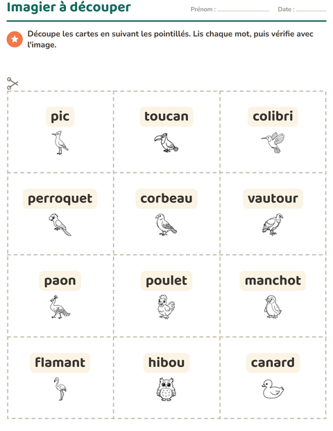 Aperçu de la fiche Imagier avec Oiseaux N&B pour École maternelle (grande section, 5-7 ans)