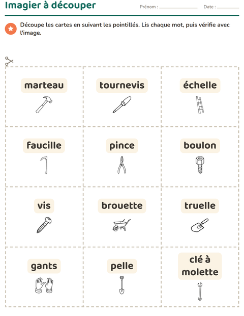 Aperçu de la fiche Imagier avec Outils NB pour École maternelle (grande section, 5-7 ans)