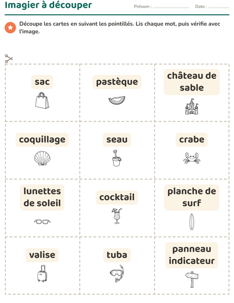 Aperçu de la fiche Imagier avec Plage NB 2 pour École maternelle (grande section, 5-7 ans)