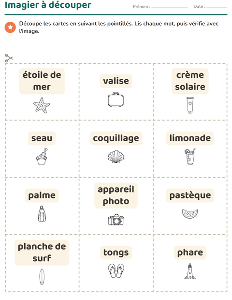 Aperçu de la fiche Imagier avec Plage NB pour École maternelle (grande section, 5-7 ans)