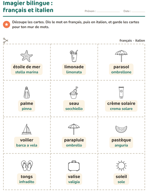 Aperçu de la fiche Imagier avec Plage NB pour École maternelle (grande section, 5-7 ans)