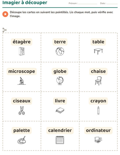 Aperçu de la fiche Imagier avec Salle de classe 2 (N&B) pour École maternelle (grande section, 5-7 ans)