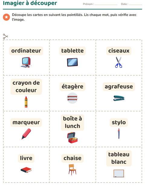 Aperçu de la fiche Imagier avec Salle de classe pour École maternelle (grande section, 5-7 ans)