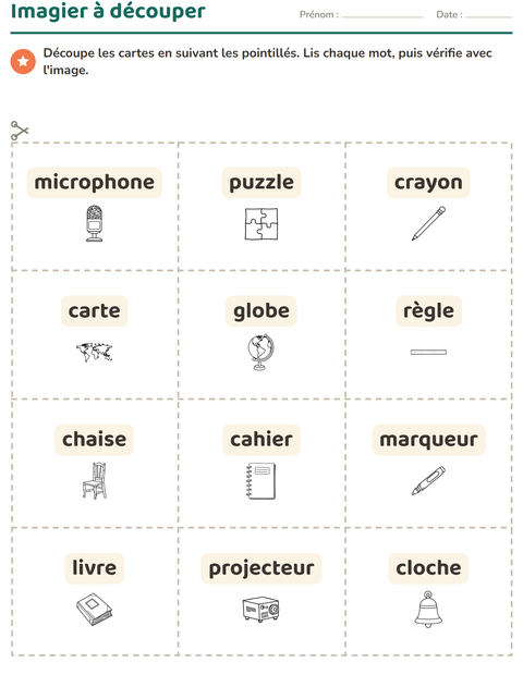 Aperçu de la fiche Imagier avec Salle de classe (N&B) pour École maternelle (grande section, 5-7 ans)