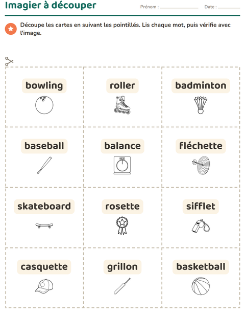 Aperçu de la fiche Imagier avec Sports NB pour École maternelle (grande section, 5-7 ans)