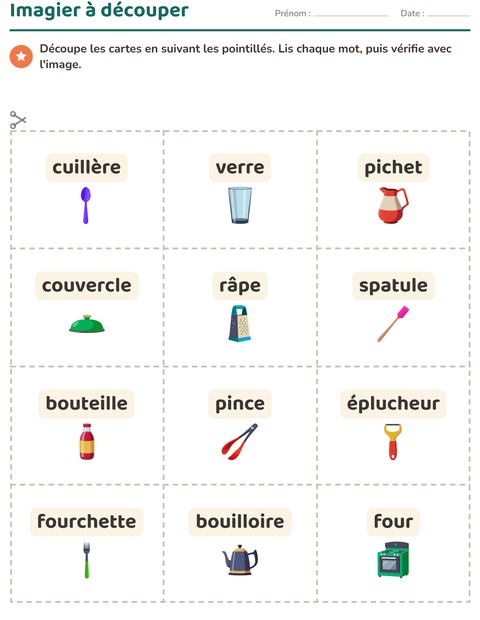 Aperçu de la fiche Imagier avec Ustensiles de cuisine pour École maternelle (grande section, 5-7 ans)