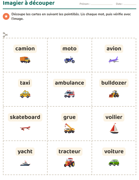 Aperçu de la fiche Imagier avec Véhicules pour École maternelle (grande section, 5-7 ans)