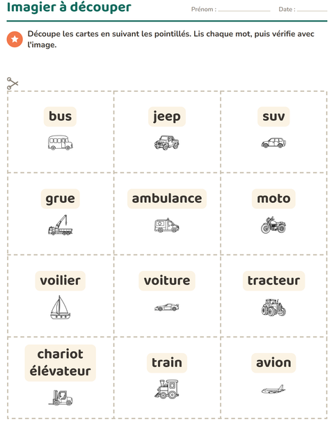 Aperçu de la fiche Imagier avec Véhicules NB pour École maternelle (grande section, 5-7 ans)