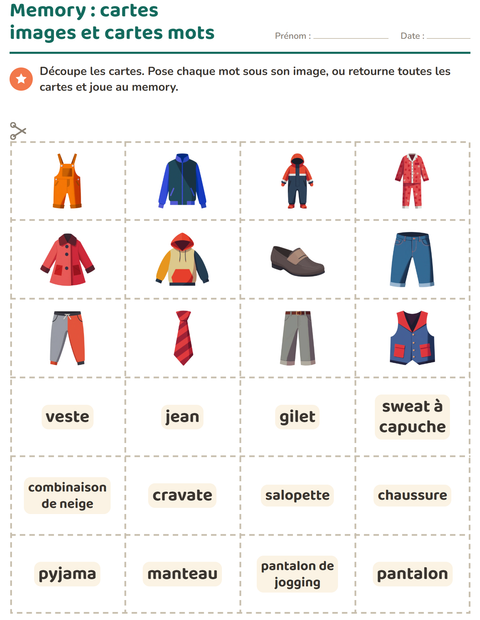Aperçu de la fiche Imagier avec Vêtements pour École maternelle (grande section, 5-7 ans)
