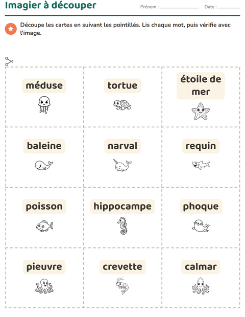 Aperçu de la fiche Imagier avec Vie marine NB 2 pour École maternelle (grande section, 5-7 ans)