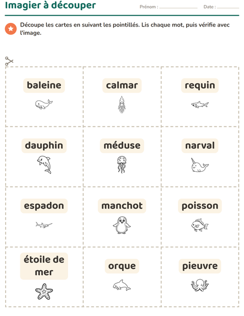 Aperçu de la fiche Imagier avec Vie marine NB pour École maternelle (grande section, 5-7 ans)
