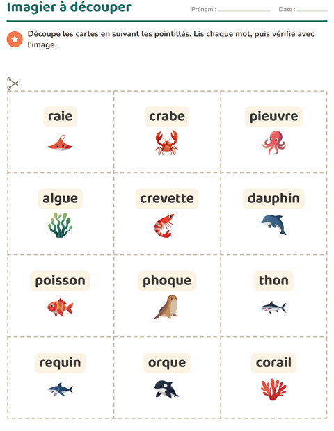 Aperçu de la fiche Imagier avec Vie océanique pour École maternelle (grande section, 5-7 ans)