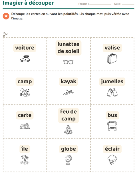 Aperçu de la fiche Imagier avec Voyages et Vacances NB pour École maternelle (grande section, 5-7 ans)
