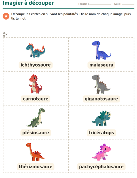 Aperçu de la fiche Imagier avec Dinosaures pour École maternelle (grande section, 5-7 ans)