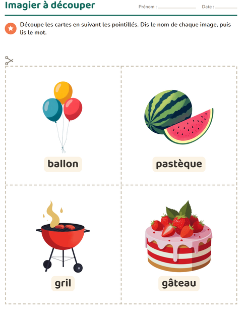 Aperçu de la fiche Imagier avec 4 juillet pour École maternelle (grande section, 5-7 ans)
