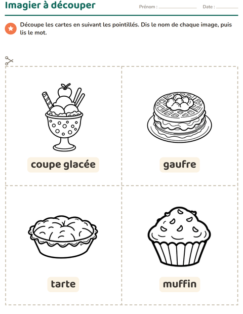 Aperçu de la fiche Imagier avec Dessert (N&B) pour École maternelle (grande section, 5-7 ans)