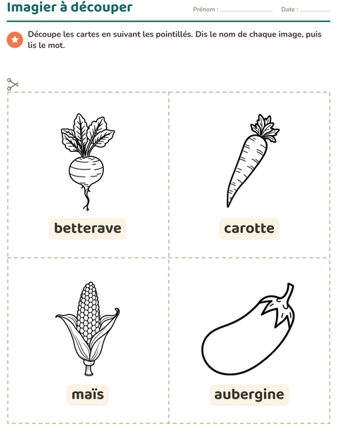 Aperçu de la fiche Imagier avec Légumes NB pour École maternelle (grande section, 5-7 ans)