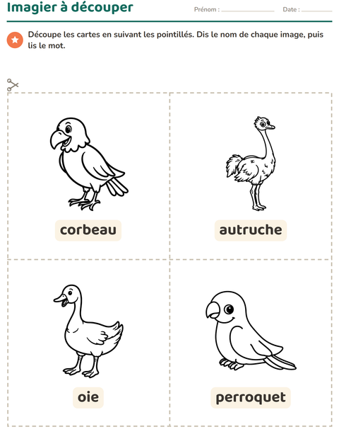 Aperçu de la fiche Imagier avec Oiseaux N&B 2 pour École maternelle (grande section, 5-7 ans)