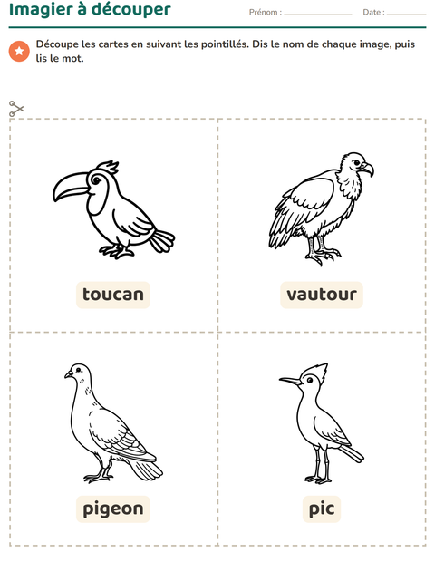 Aperçu de la fiche Imagier avec Oiseaux N&B pour École maternelle (grande section, 5-7 ans)