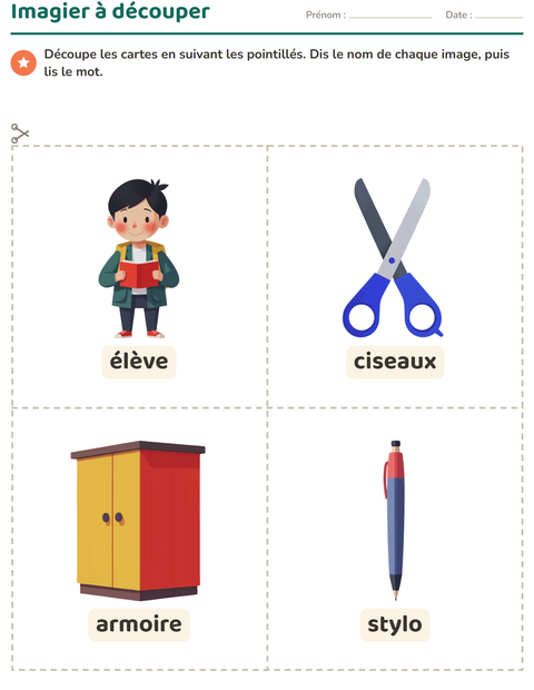 Aperçu de la fiche Imagier avec Salle de classe pour École maternelle (grande section, 5-7 ans)