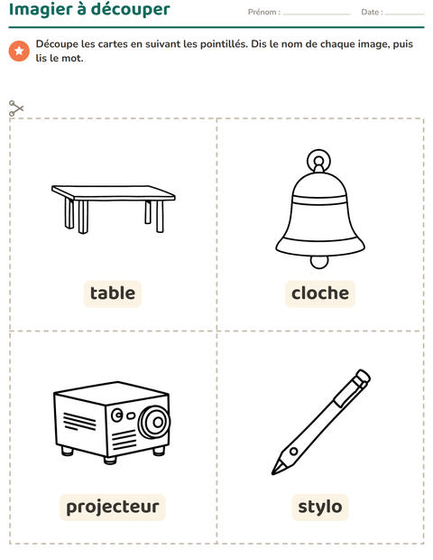 Aperçu de la fiche Imagier avec Salle de classe (N&B) pour École maternelle (grande section, 5-7 ans)