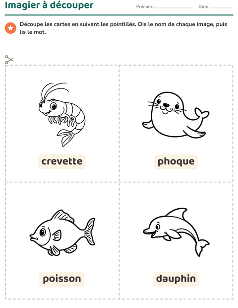Aperçu de la fiche Imagier avec Vie marine NB 2 pour École maternelle (grande section, 5-7 ans)