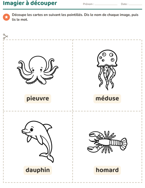 Aperçu de la fiche Imagier avec Vie marine NB pour École maternelle (grande section, 5-7 ans)