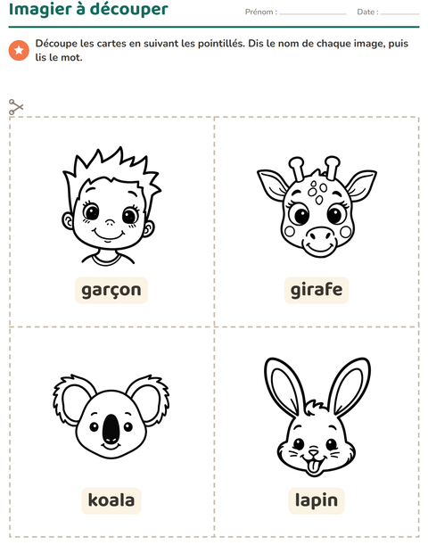 Aperçu de la fiche Imagier avec Visages NB pour École maternelle (grande section, 5-7 ans)