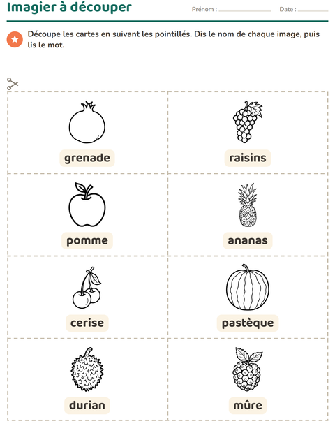 Aperçu de la fiche Imagier avec Fruits NB pour École maternelle (grande section, 5-7 ans)