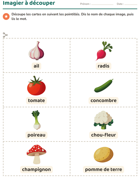 Aperçu de la fiche Imagier avec Légumes pour École maternelle (grande section, 5-7 ans)