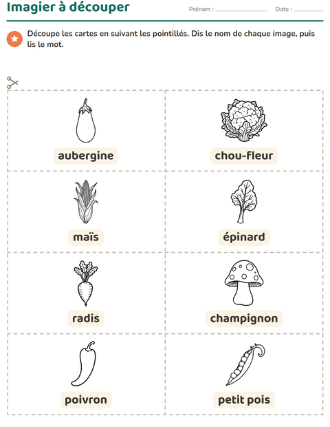 Aperçu de la fiche Imagier avec Légumes NB 2 pour École maternelle (grande section, 5-7 ans)