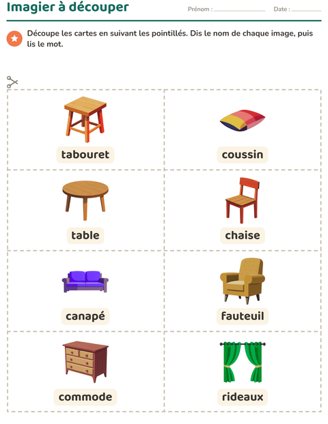 Aperçu de la fiche Imagier avec Meubles pour École maternelle (grande section, 5-7 ans)